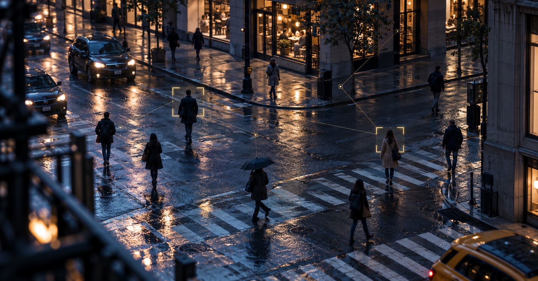 Pedestrians cross a rain-soaked city street at dusk, with subtle amber tracking brackets and connecting lines suggesting a surveillance system observing their movements.