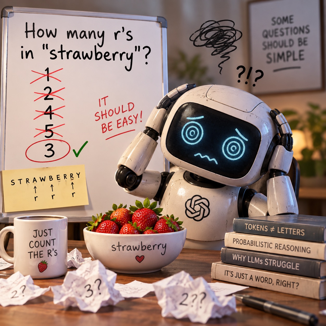 A frazzled robot holds its head beside a whiteboard counting the r’s in strawberry, with three circled and a bowl of strawberries on the desk.